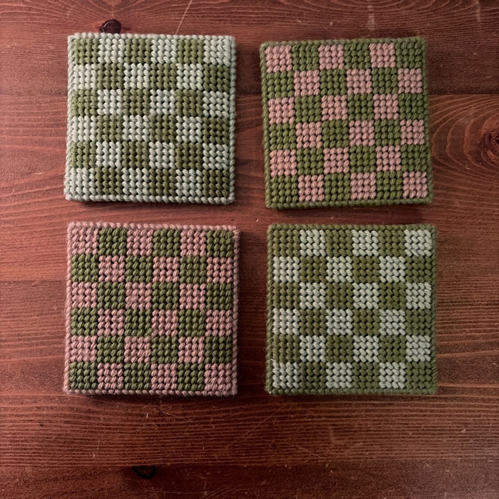 4 Handmade Square Coasters Green, Blue And‎ Pink